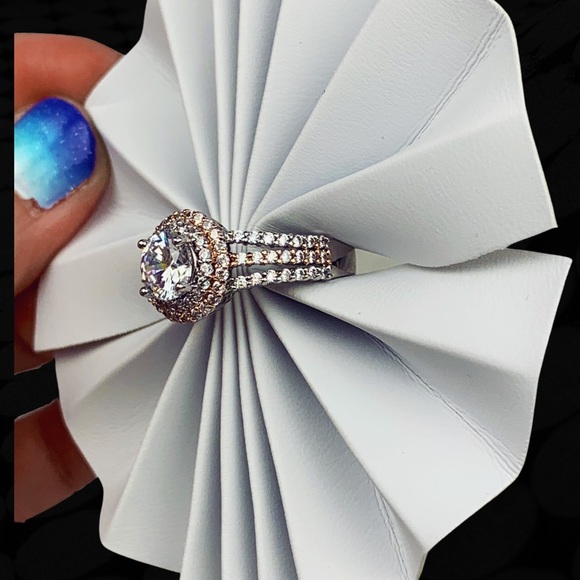 Two Tone Rose Gold Silver Double Halo Round Split Shank Pavé Engagement Ring 7 - Picture 10 of 17